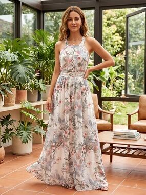 a la Plage  Floral Halter Flowy Maxi Dress Size Large